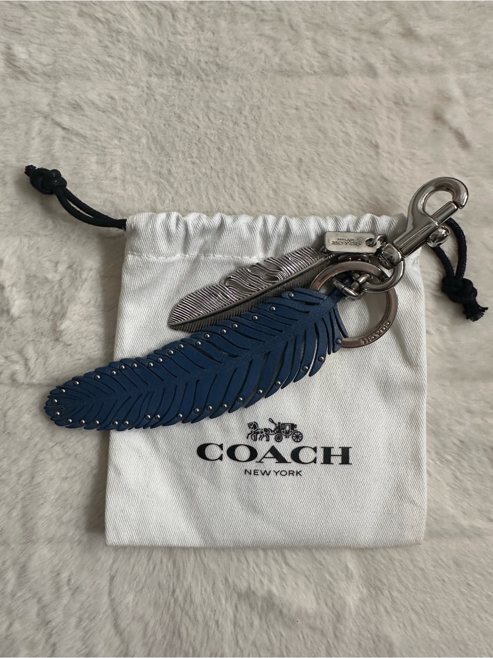 Coach Blue Leather Feather Keychain Charm with Silver-Tone Hardware